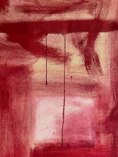 Close-up of layered red oil paint on canvas, a work in progress from the BROK RED series, Berlin